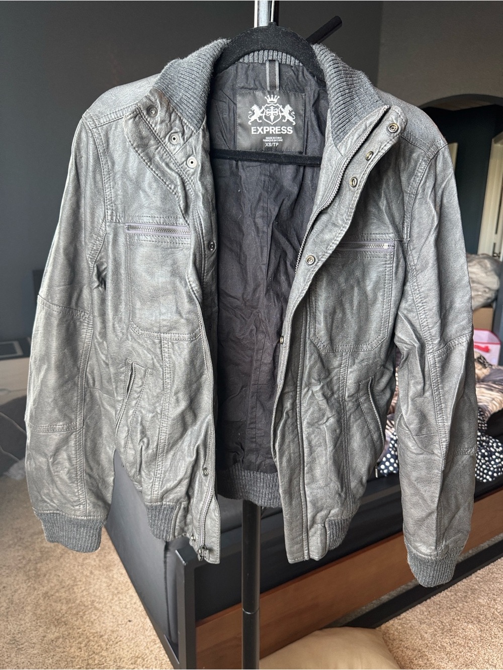Express Men's Steel Gray Bomber Jacket with Ribbed Collar
